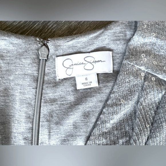 Jessica Simpson Gray Sequined Cap Sleeve Faux Wrap Surplice Dress. Size 6 - Picture 9 of 13